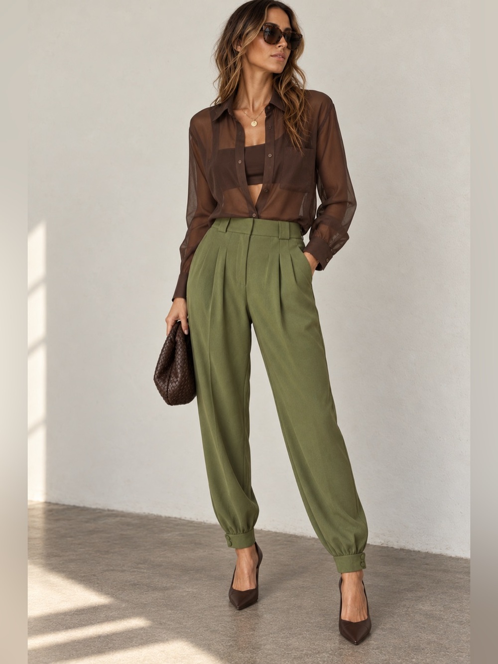 TORN by Ronny Kobo Green Pleated Button-Hem Pants XS NWT